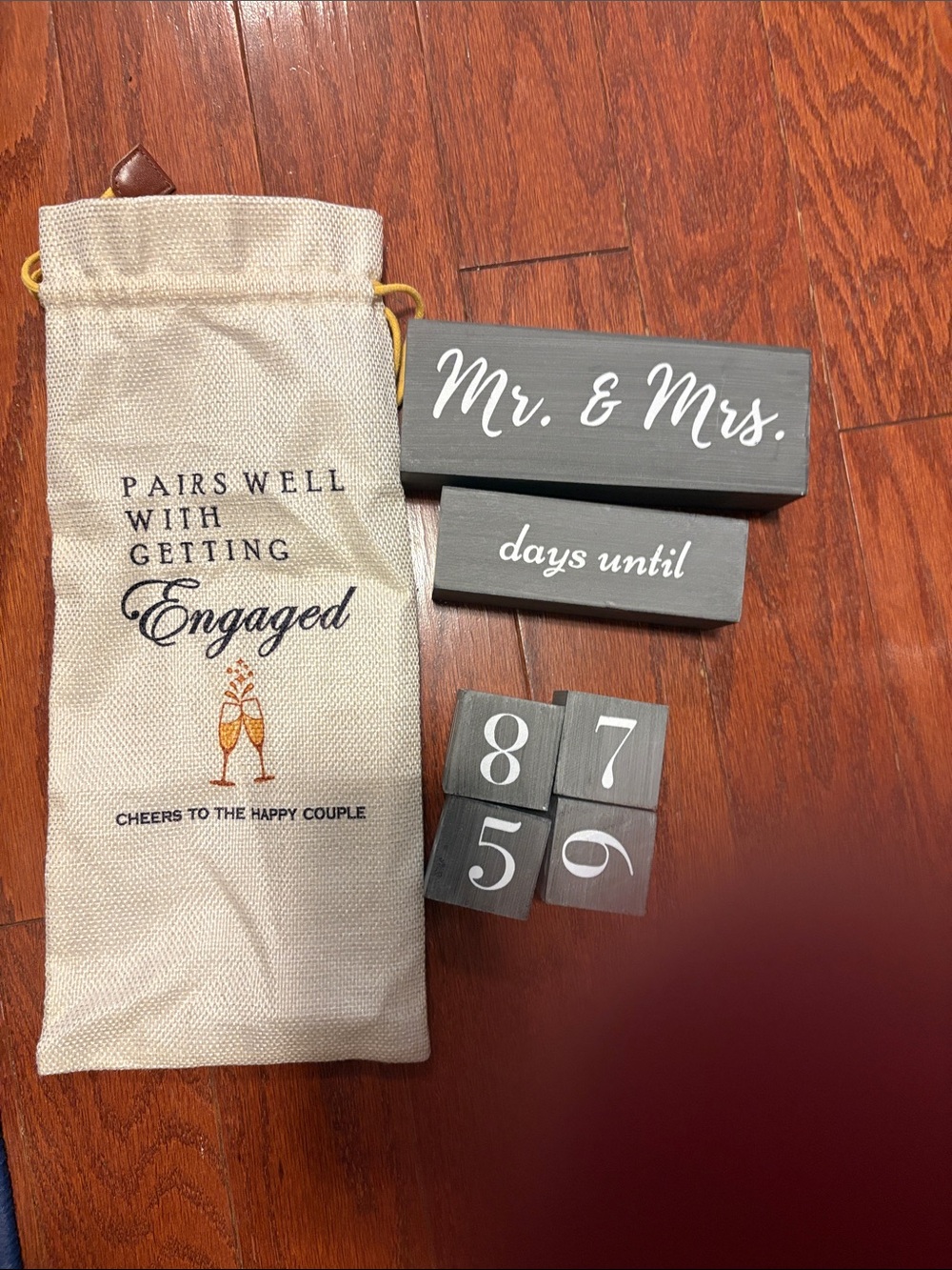 Engaged Countdown Blocks with Linen Pouch - Gray and Cream
